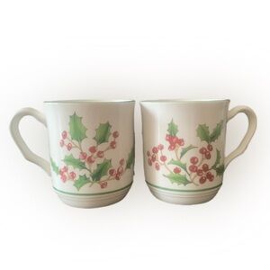 Vintage Sango Korea White Christmas Holly Berries Mugs Set Lot of 2 Holiday
